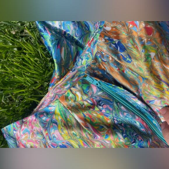 70s Vintage Wide Leg Nylon Pants in Rainbow Oil Slick Fabric - Picture 6 of 8